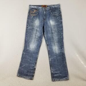 Mecca Jeans Mens 38x32 Blue Straight Leg Crinkle Wash Embroidered Pockets Denim